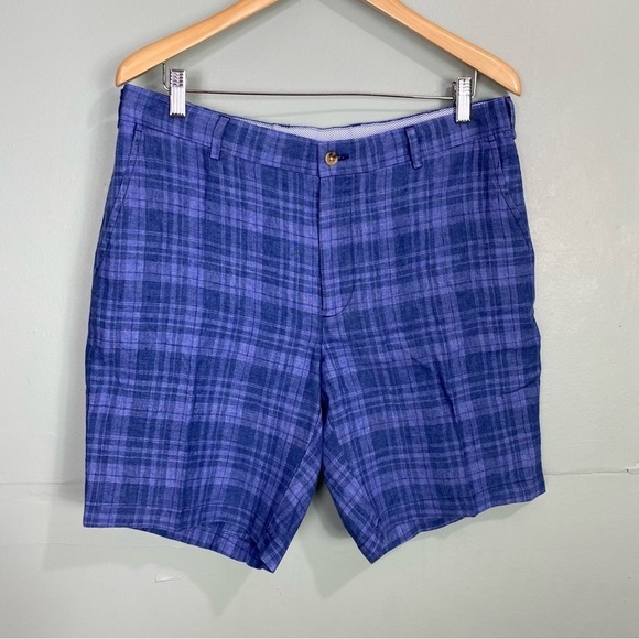 Peter‎ Millar Plaid Linen Blue Shorts Sz 34 - Picture 1 of 4